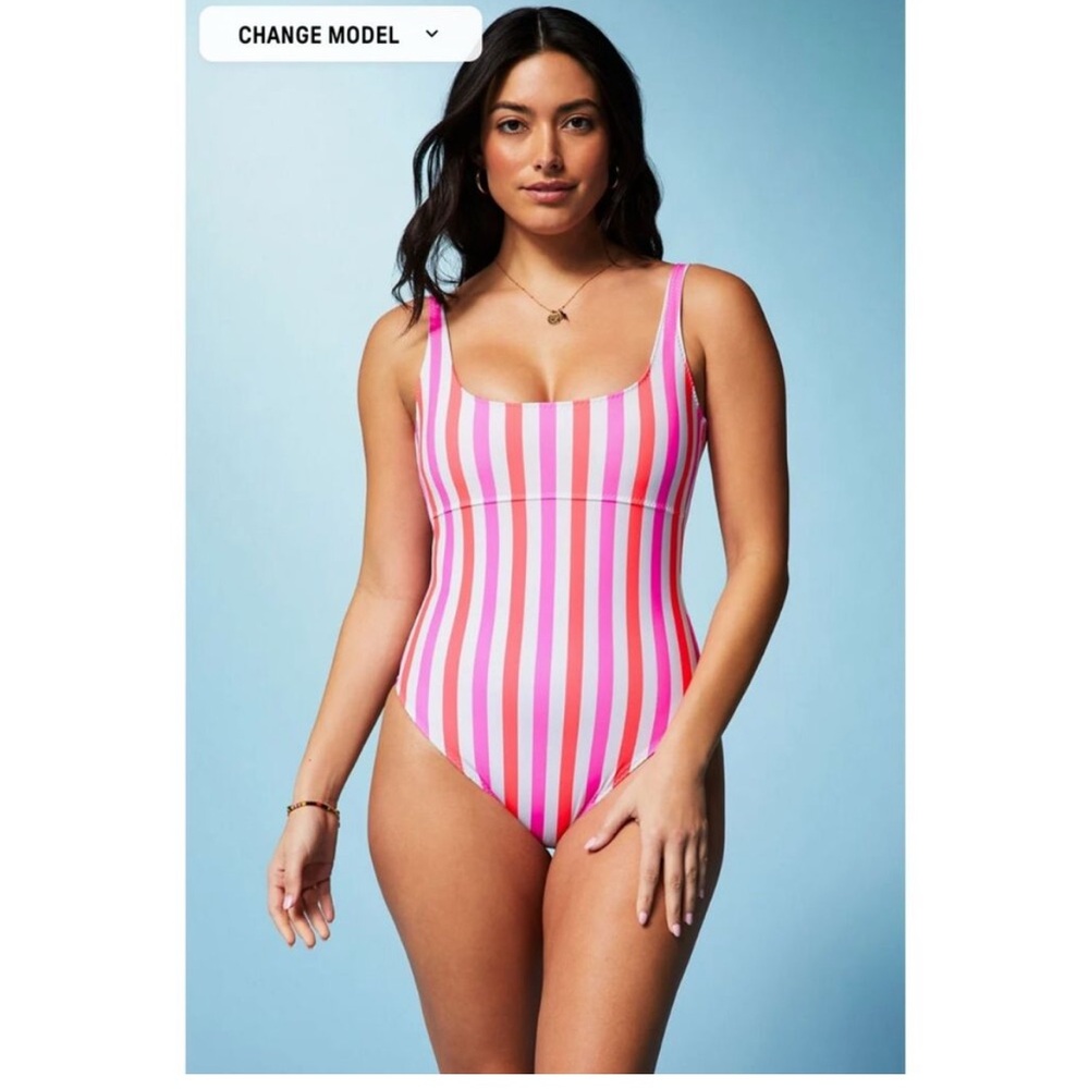 Fabletics Sunset Scoop One-Piece Swimsuit Neon Candy Stripe Size XL/14